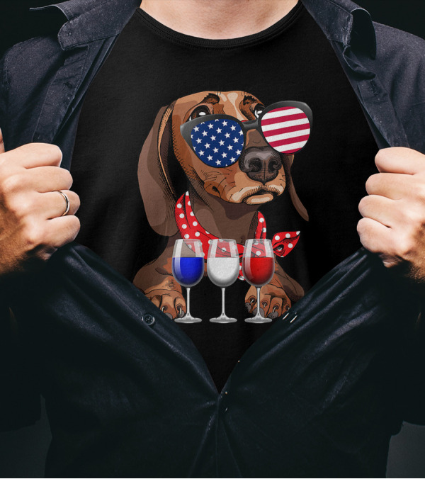 Dachshund With American Flag Sunglasses And Wine Glasses For 4th Of July T-Shirt