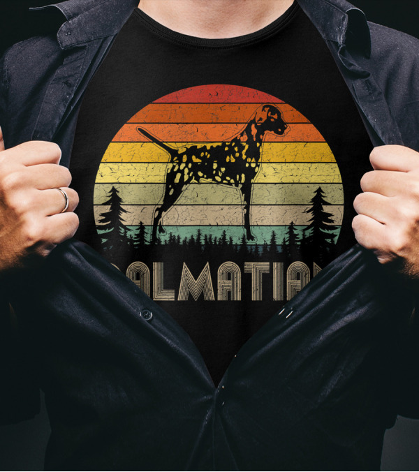 Dalmatian Vintage Dog Rainbow Sunset Retro 70's Forest Stripes T-Shirt