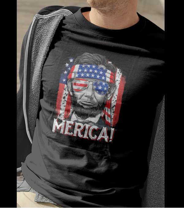 4th Of July Merica Abe Lincoln In American Flag Bandana And Sunglasses T-Shirt