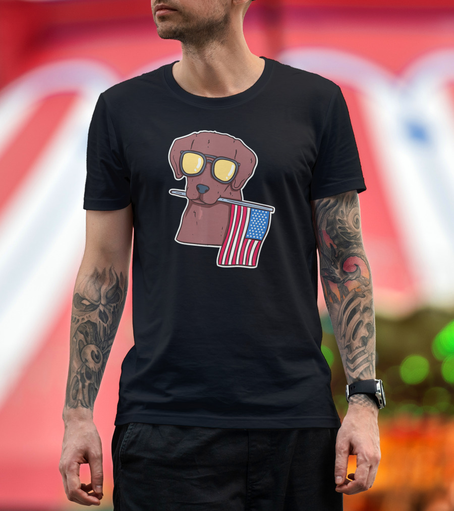 Chocolate Lab with Sunglasses Holding American Flag for 4th of July T-Shirt