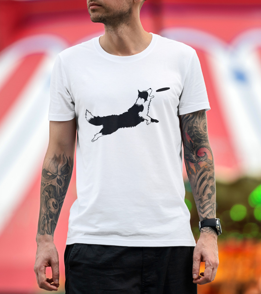Dog Fetch Frisbee Border Collie Silhouette Playful Leap T-Shirt