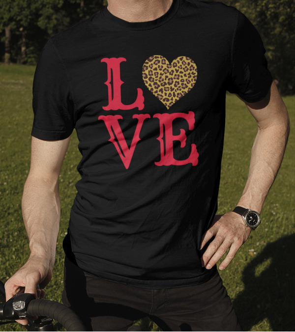 Valentines Day L O V E Leopard Print Heart T-Shirt