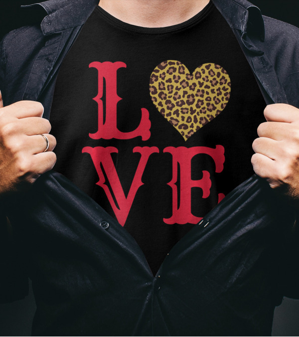 Valentines Day L O V E Leopard Print Heart T-Shirt