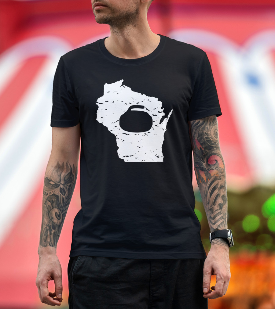 Wisconsin Curling State Outline with Curling Stone T-Shirt