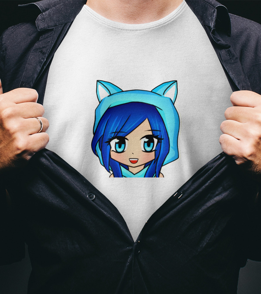 FunnehFunneh Blue-hooded Anime Character With Cat Ears T-Shirt