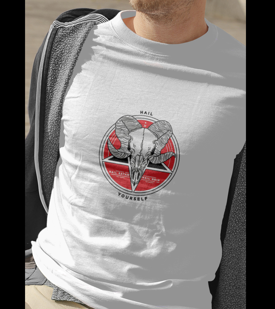 Hail Yourself Last Podcast Hail Satan Hail Gein Ram Skull Red Pentagram T-Shirt