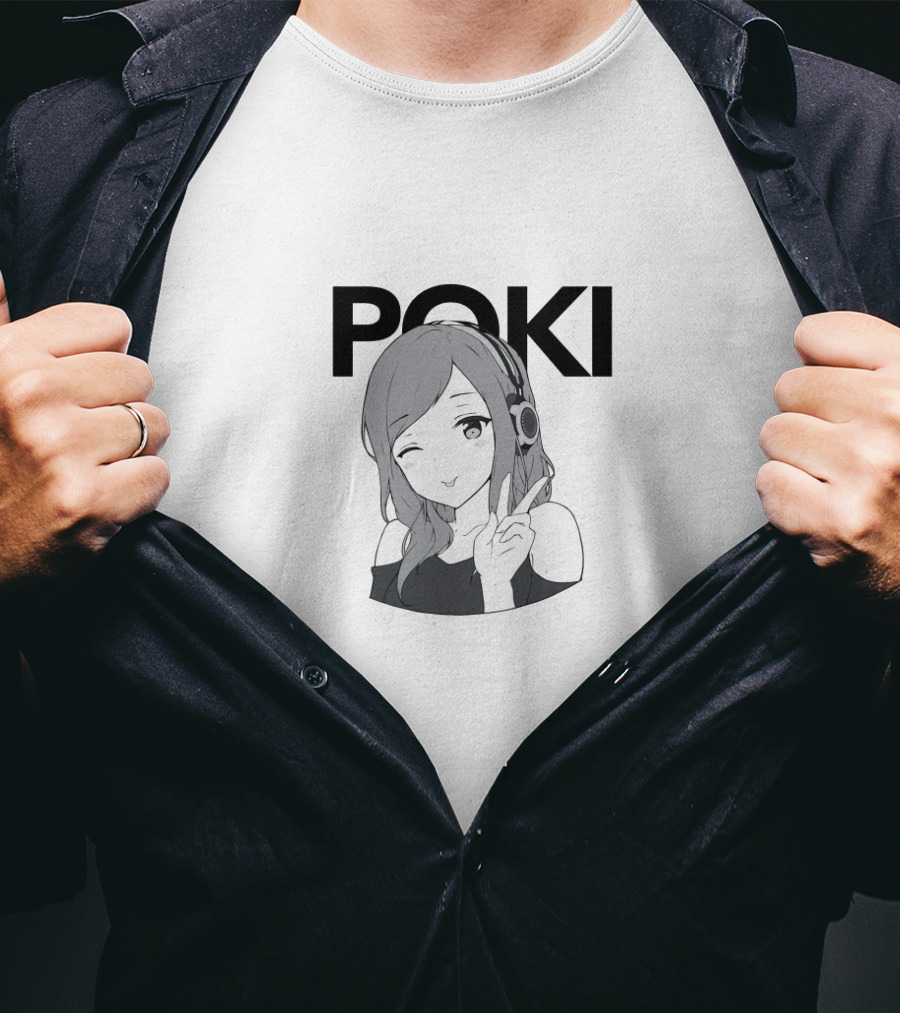 Poki Anime Style Winking Character With Headphones And Peace Sign T-Shirt