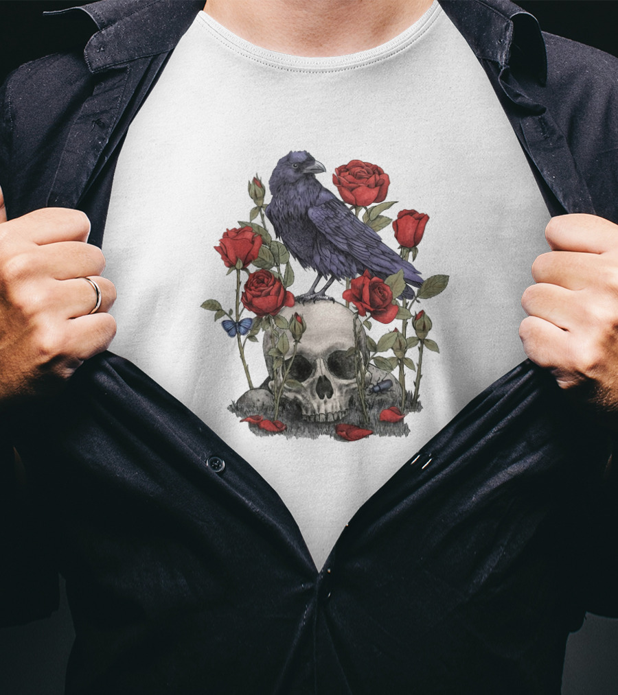Memento Mori Skull With Raven And Roses T-Shirt