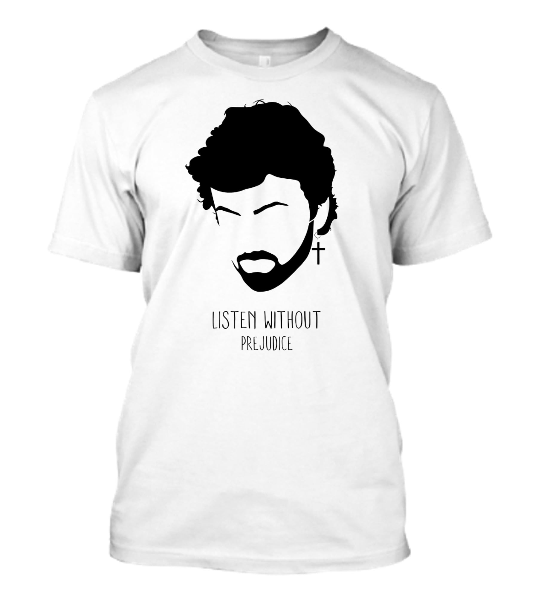 Listen Without Prejudice Graphic With Cross Earring T-Shirt