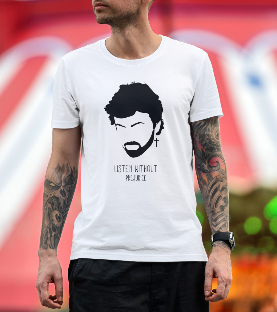 Listen Without Prejudice Graphic with Cross Earring T-Shirt