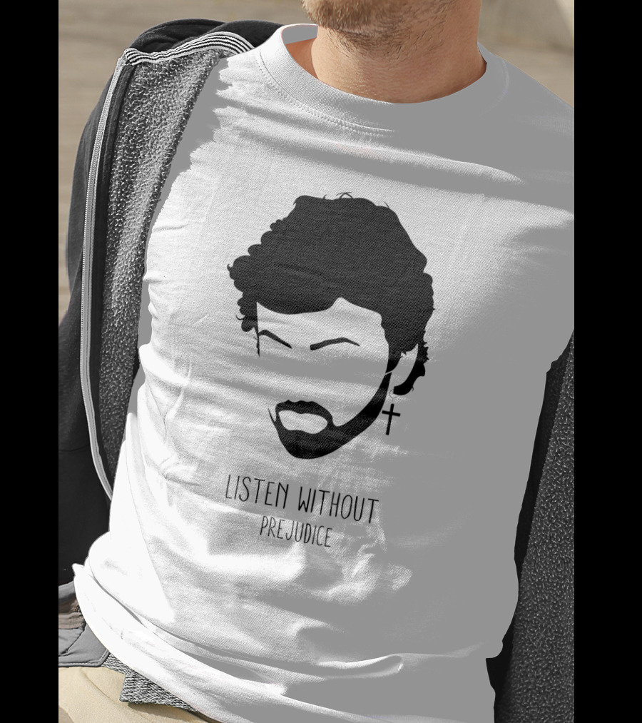 Listen Without Prejudice Graphic With Cross Earring T-Shirt
