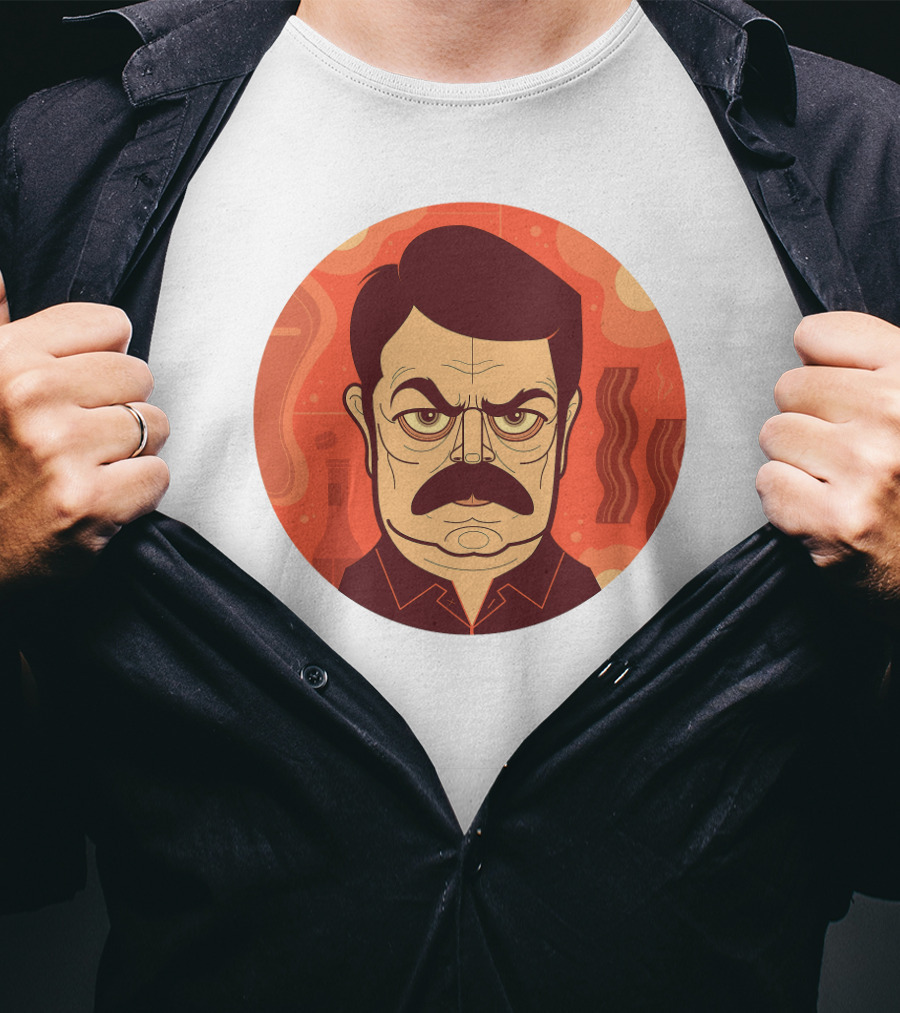Ron Swanson Bacon And Steak Mustache Orange Circle T-Shirt