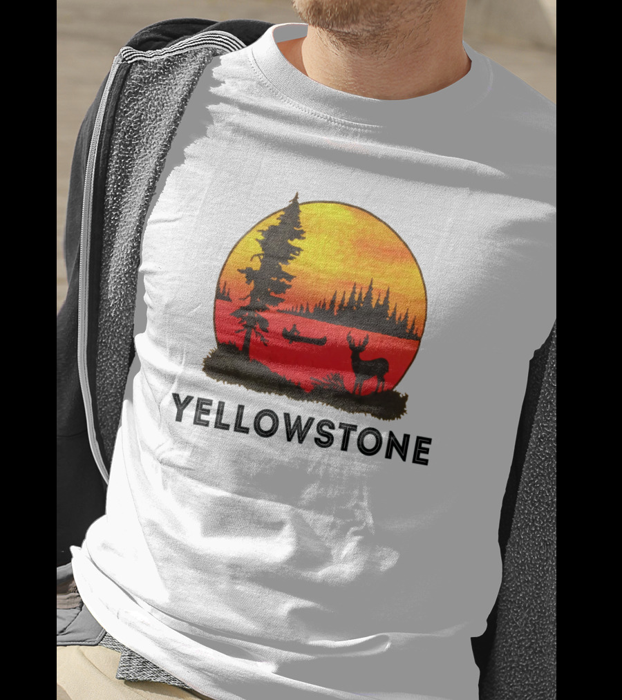 Yellowstone Sunset Scene With Canoe And Deer T-Shirt