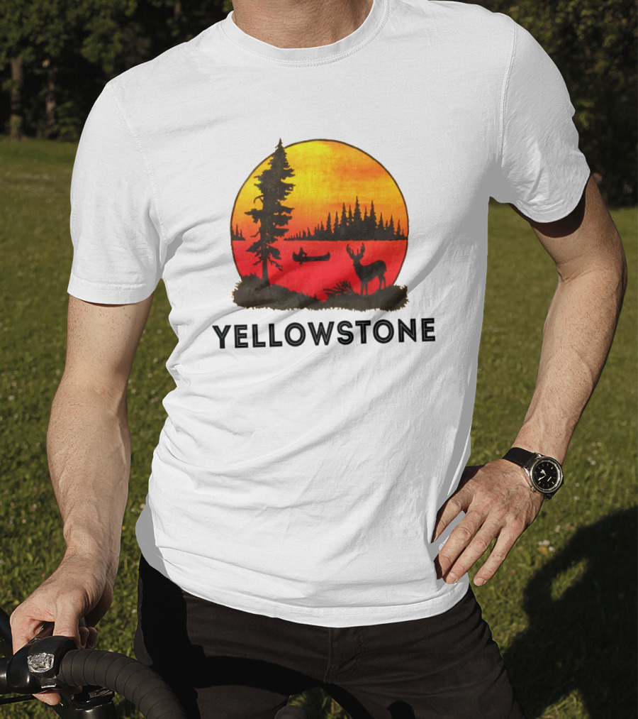 Yellowstone Sunset Scene With Canoe And Deer T-Shirt