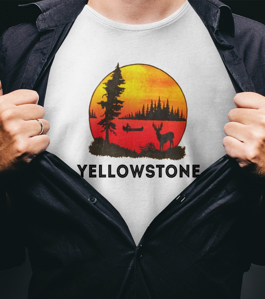 Yellowstone Sunset Scene With Canoe And Deer T-Shirt