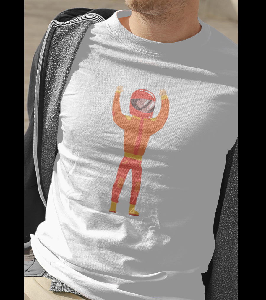 Man In An Orange Racing Suit With Helmet And Raised Arms T-Shirt