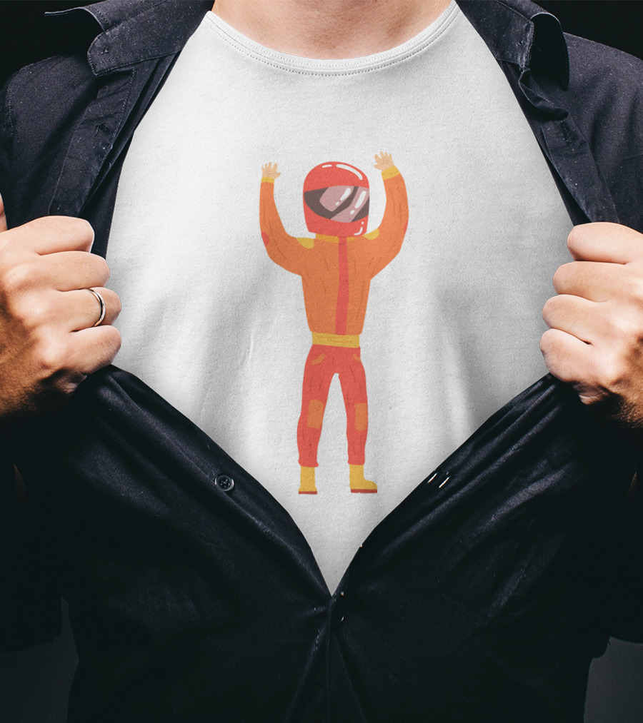 Man In An Orange Racing Suit With Helmet And Raised Arms T-Shirt