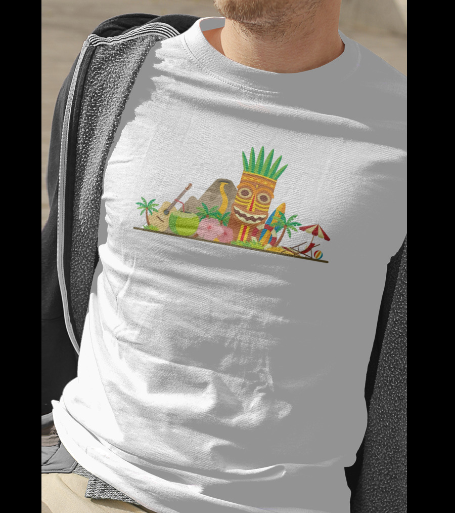 Hawaiian Tiki Mask Surfboards And Ukulele Tropics T-Shirt