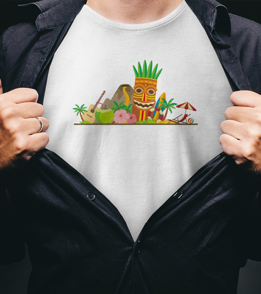 Hawaiian Tiki Mask Surfboards And Ukulele Tropics T-Shirt