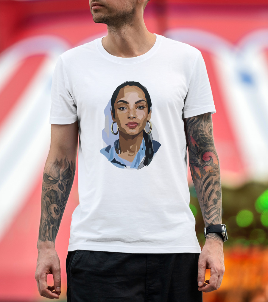 Sade Adu Portrait with Blue Shirt and Hoop Earrings T-Shirt