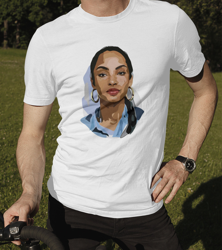 Sade Adu Portrait With Blue Shirt And Hoop Earrings T-Shirt