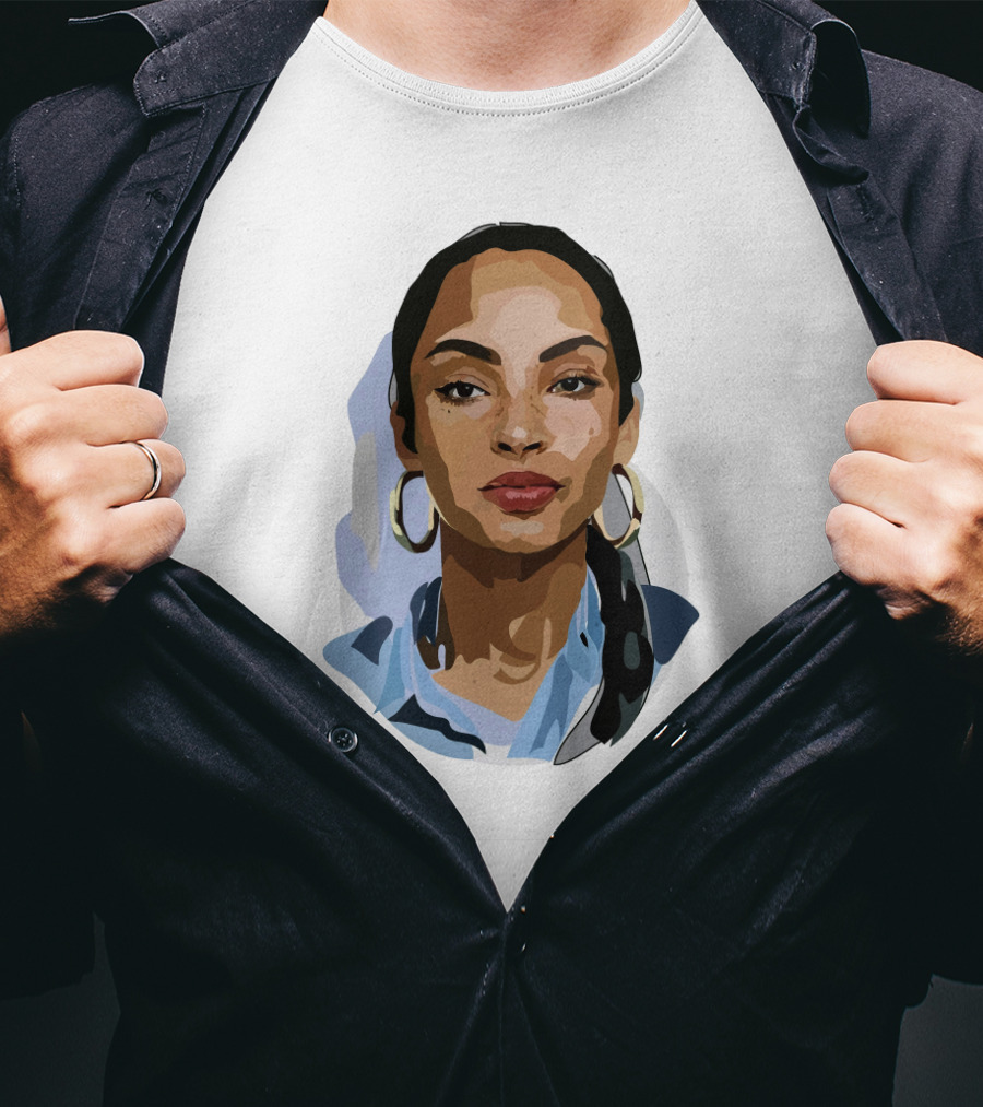 Sade Adu Portrait With Blue Shirt And Hoop Earrings T-Shirt