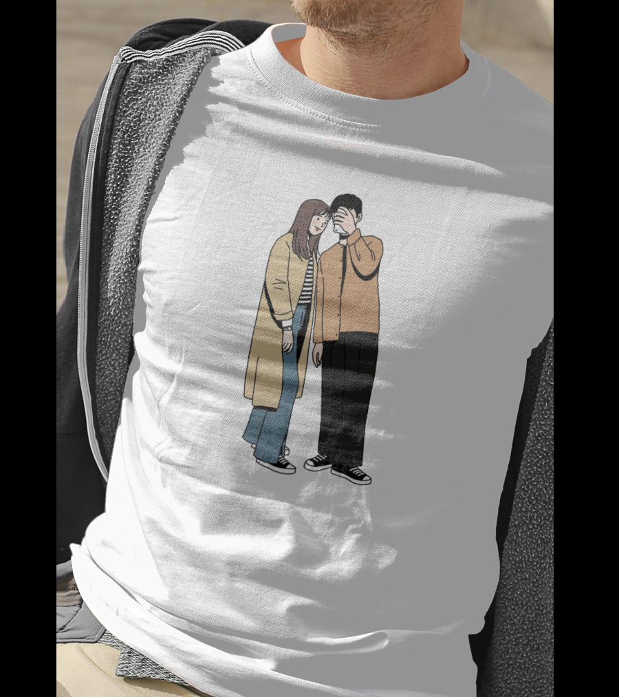 Couple In Casual Streetwear With Oversized Coat And Sneakers T-Shirt