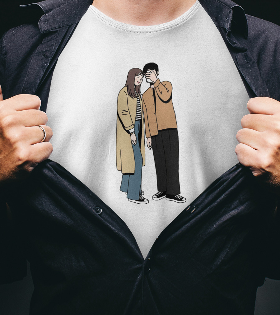 Couple In Casual Streetwear With Oversized Coat And Sneakers T-Shirt