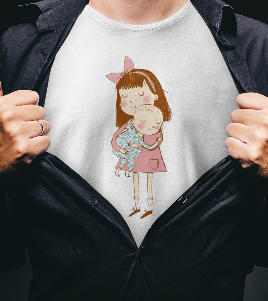Big Sister Embracing Baby With Pink Bow Matching T-Shirt