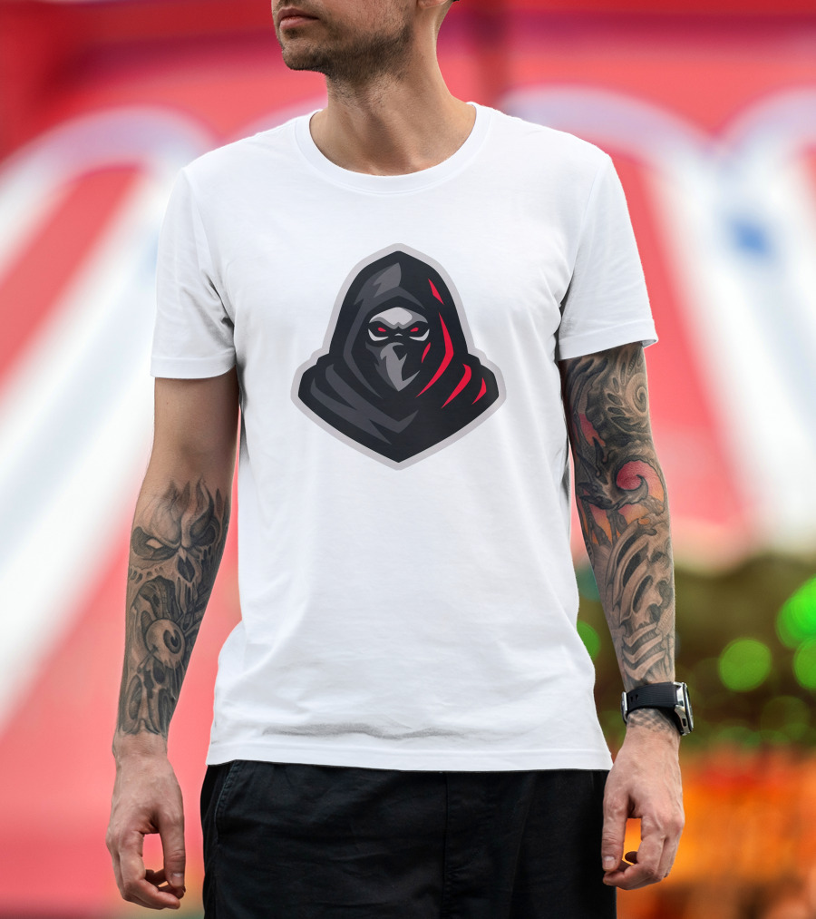 Hooded Black and Red Cloaked Figure with Stealthy Expression T-Shirt