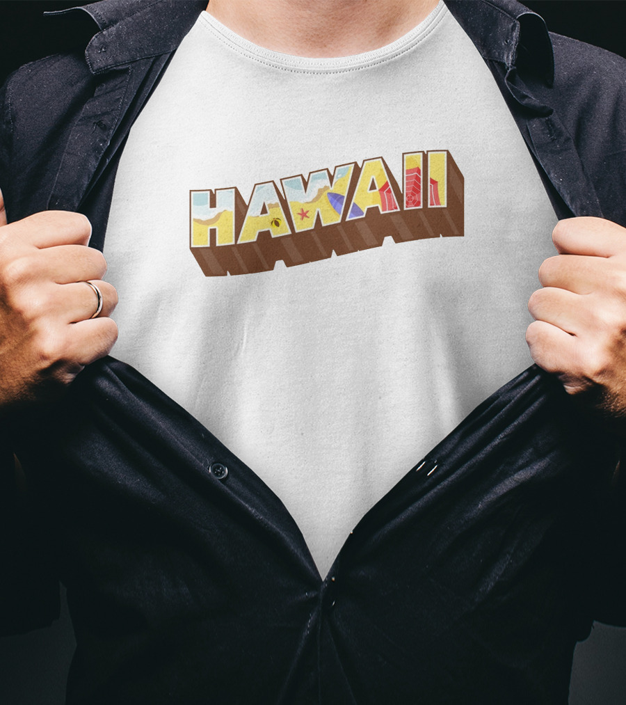 Hawaii Tropical Beach Icons With Surfer And Hibiscus T-Shirt