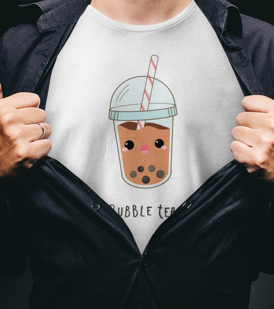 Bubble Tea Cute Kawaii Face With Straw And Pearls T-Shirt