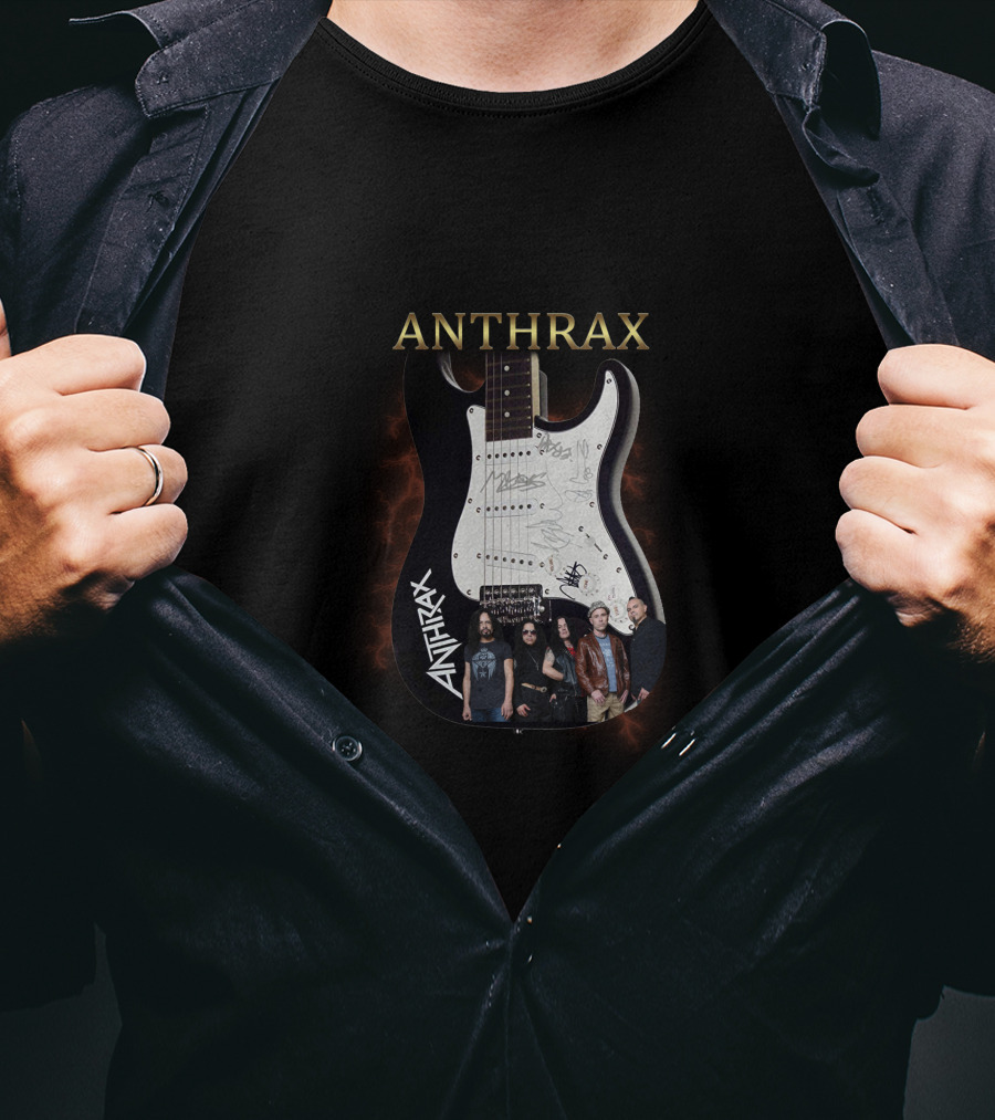 ANTHRAX Band Members Signatures On Electric Guitar T-Shirt