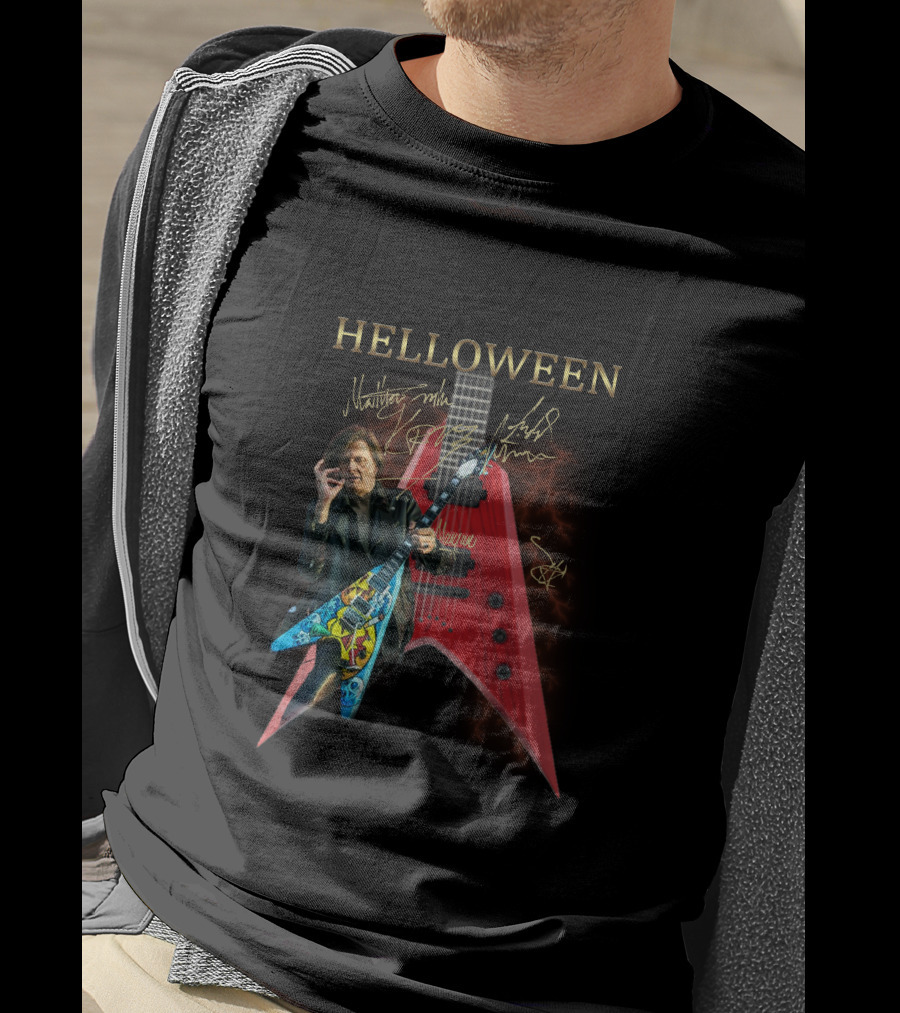 Helloween Signature Guitar With Autographs And Musician Playing Electric Guitar T-Shirt