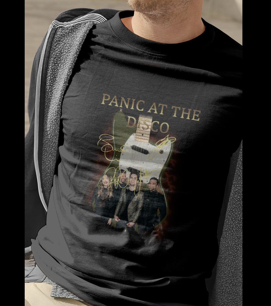 PANIC AT THE DISCO Signature Guitar With Members And Neon Lights T-Shirt