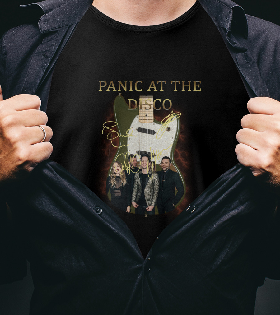 PANIC AT THE DISCO Signature Guitar With Members And Neon Lights T-Shirt