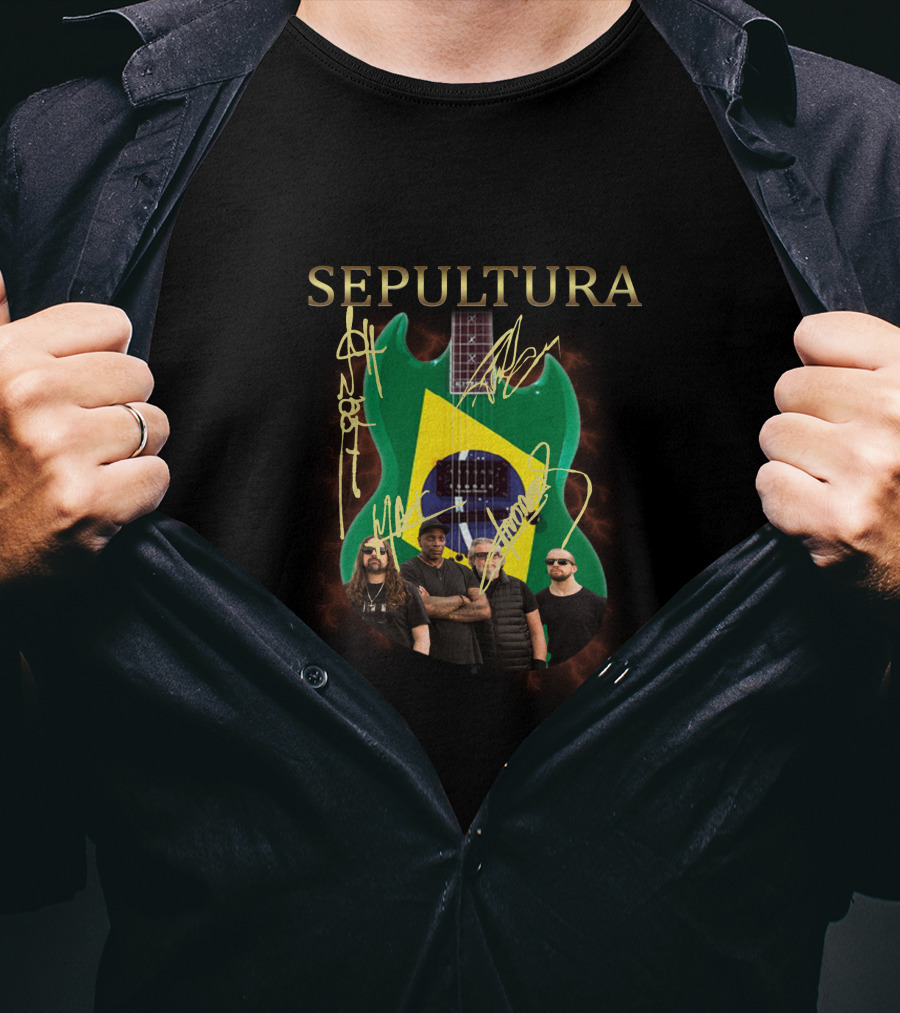 SEPULTURA Brazil Flag Guitar With Band Signatures T-Shirt