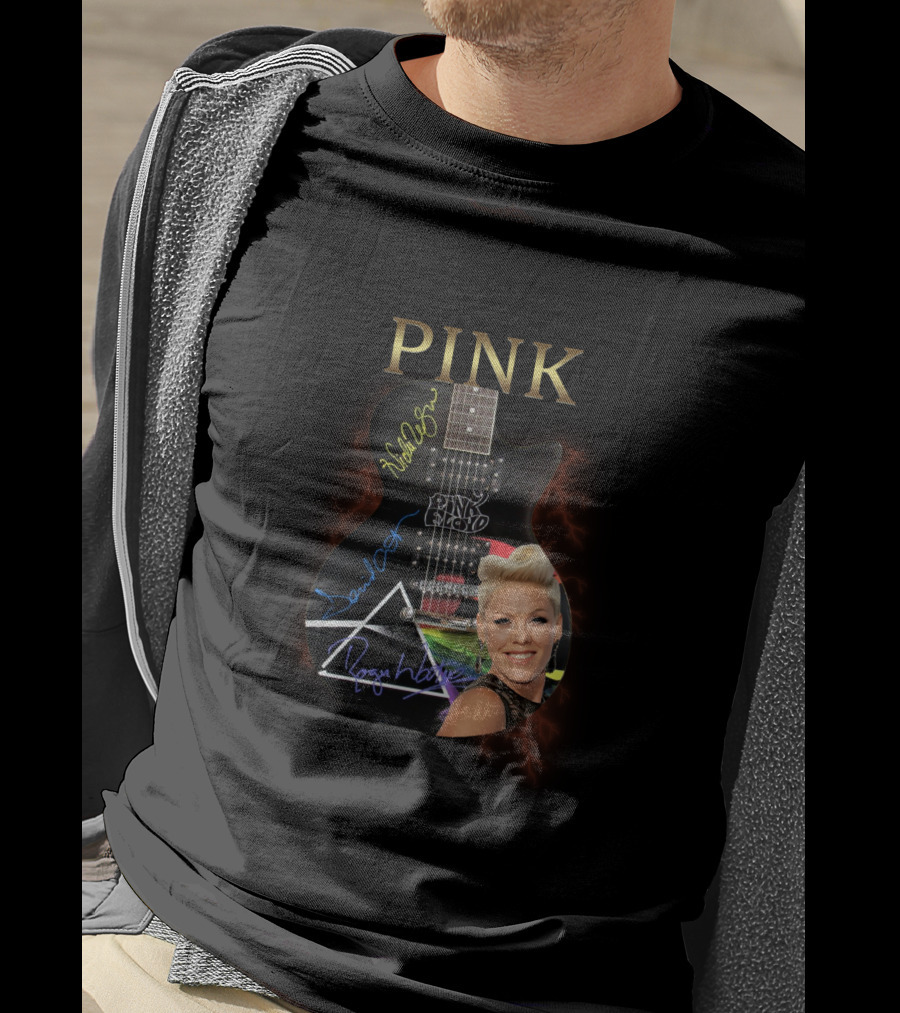 PINK Dark Side Guitar With Autographs T-Shirt