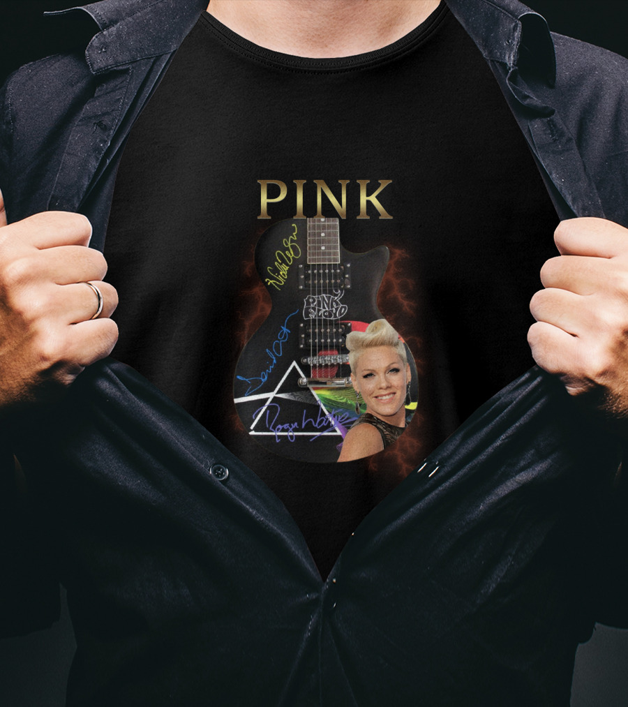 PINK Dark Side Guitar With Autographs T-Shirt