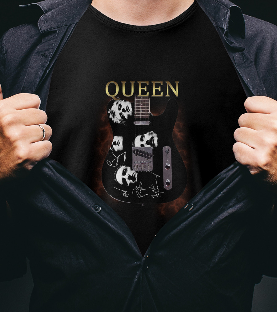 QUEEN Band Members Face Art On Electric Guitar T-Shirt