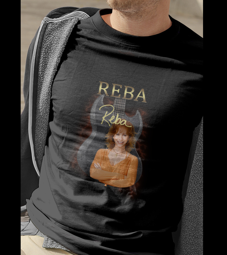 REBA Signature Guitar With Portrait On Black Electric Background T-Shirt