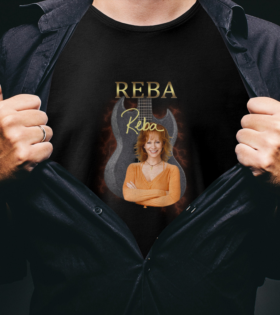 REBA Signature Guitar With Portrait On Black Electric Background T-Shirt