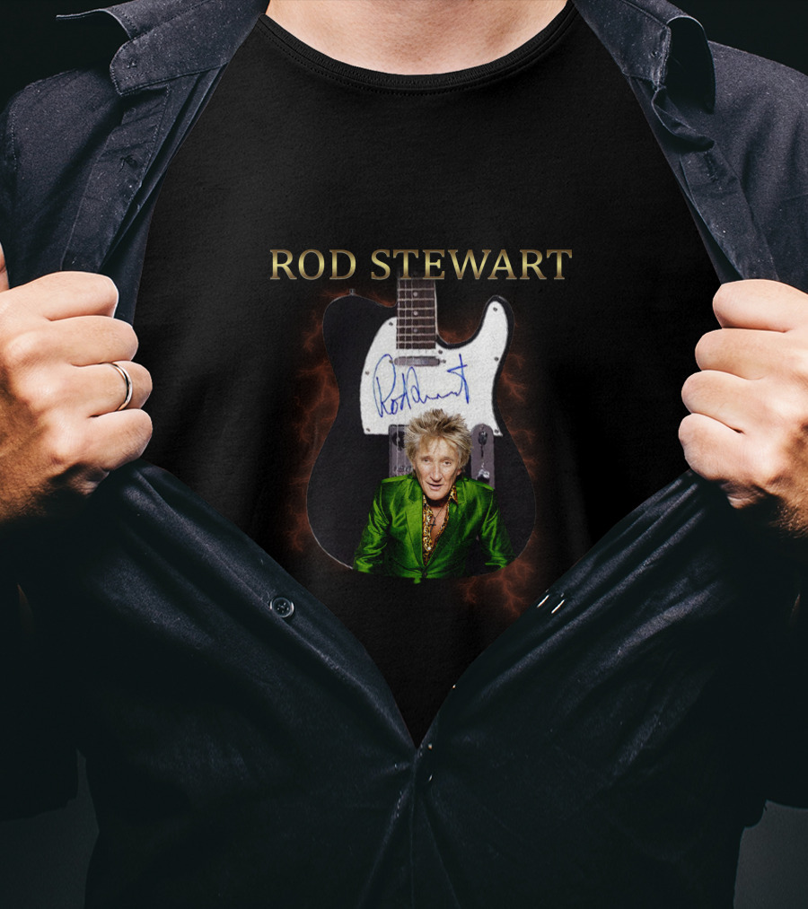 Rod Stewart Signature Guitar Image With Autograph T-Shirt
