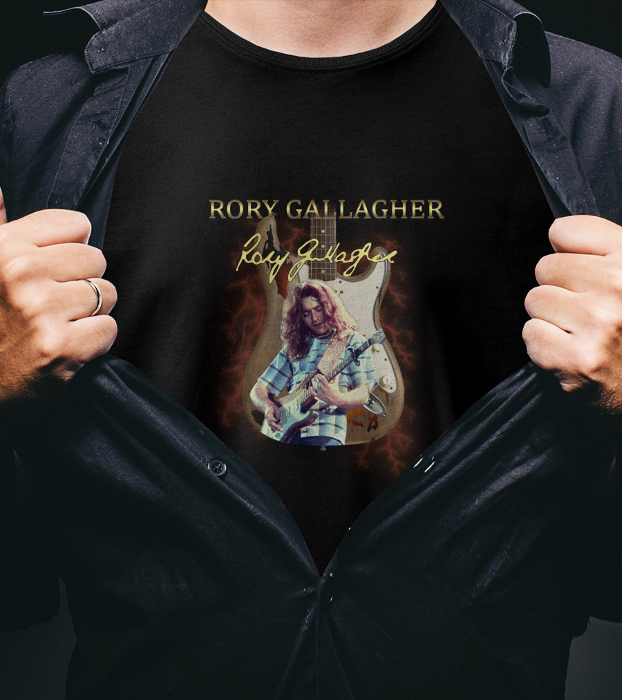 Rory Gallagher Signature Guitar With Lightning And Performer Image T-Shirt