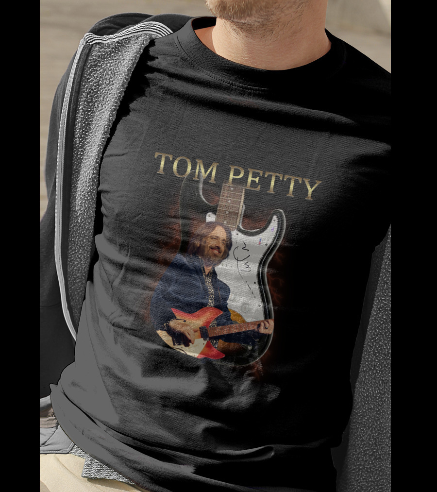TOM PETTY Signature Guitar Image With Artist Playing Electric Guitar T-Shirt