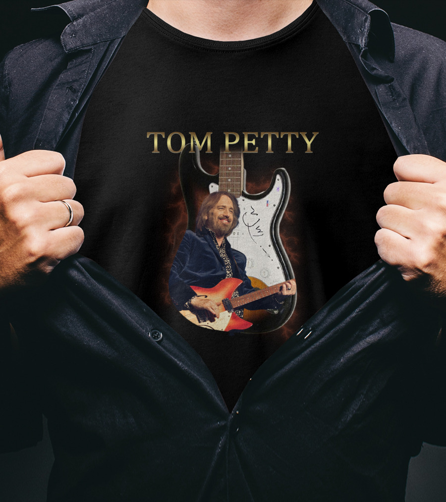 TOM PETTY Signature Guitar Image With Artist Playing Electric Guitar T-Shirt