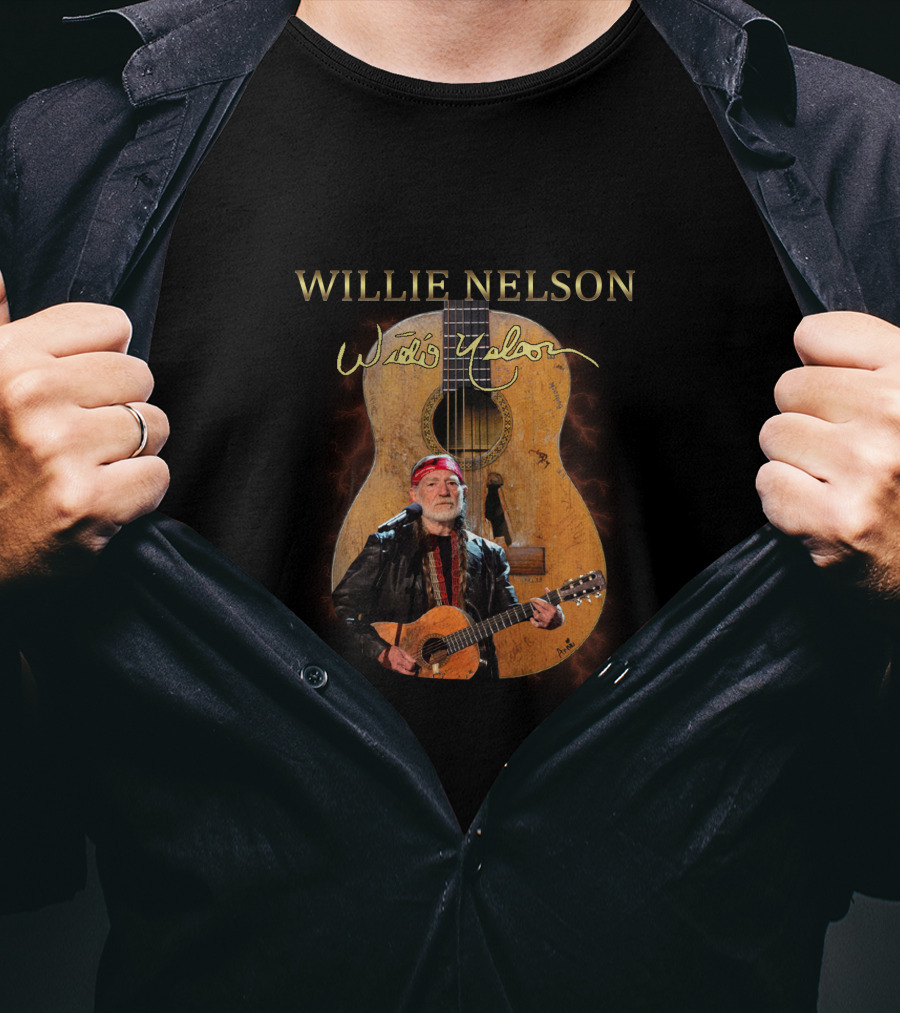 WILLIE NELSON Signature Guitar Image With Willie Playing T-Shirt