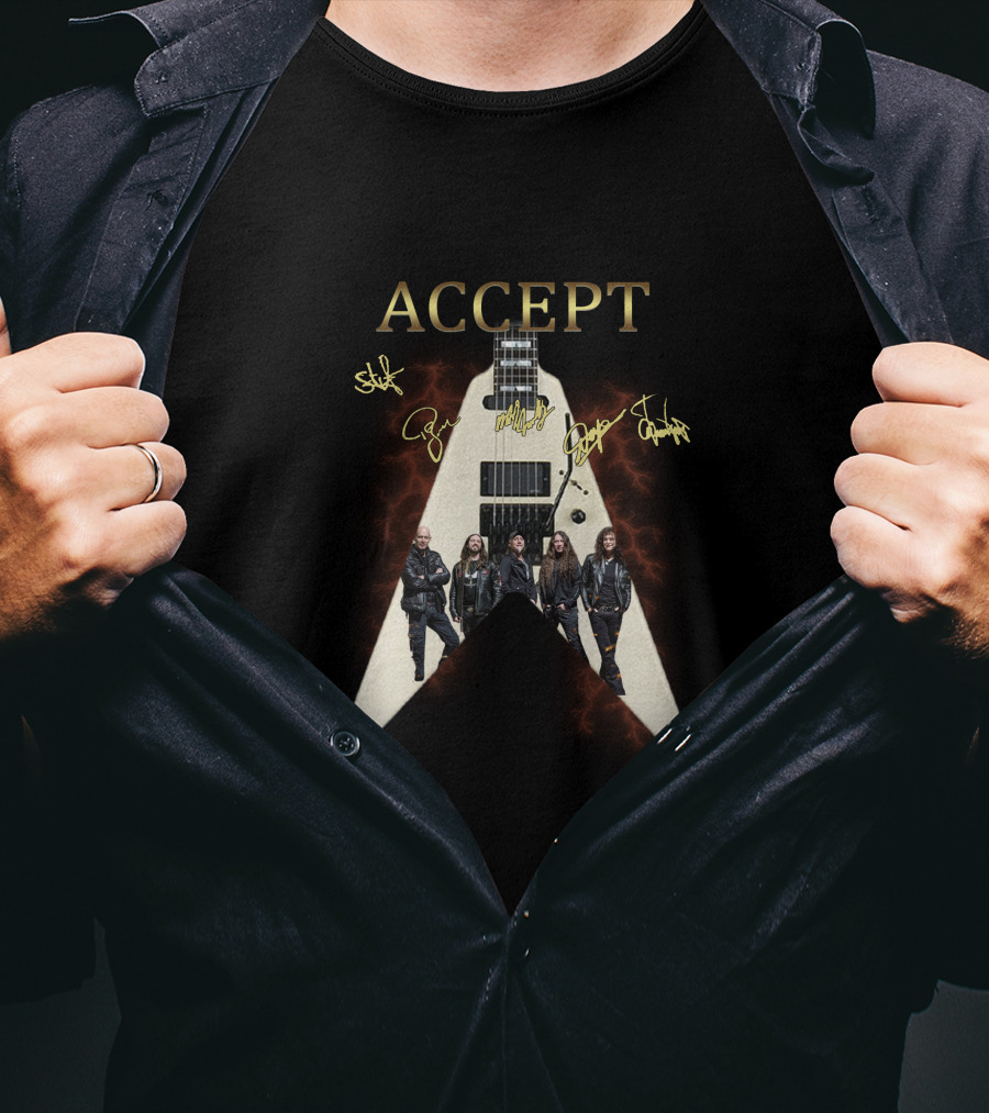 Accept Band Signature Guitar With Group Portrait And Lightning Effects T-Shirt