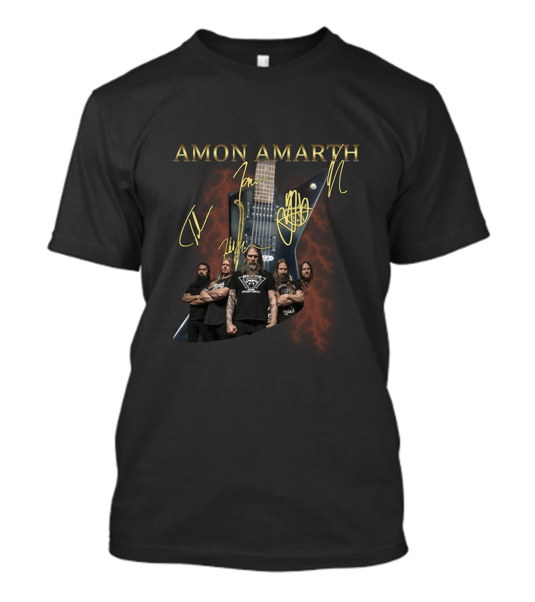 Amon Amarth Band Signatures With Guitar And Group Photo T-Shirt