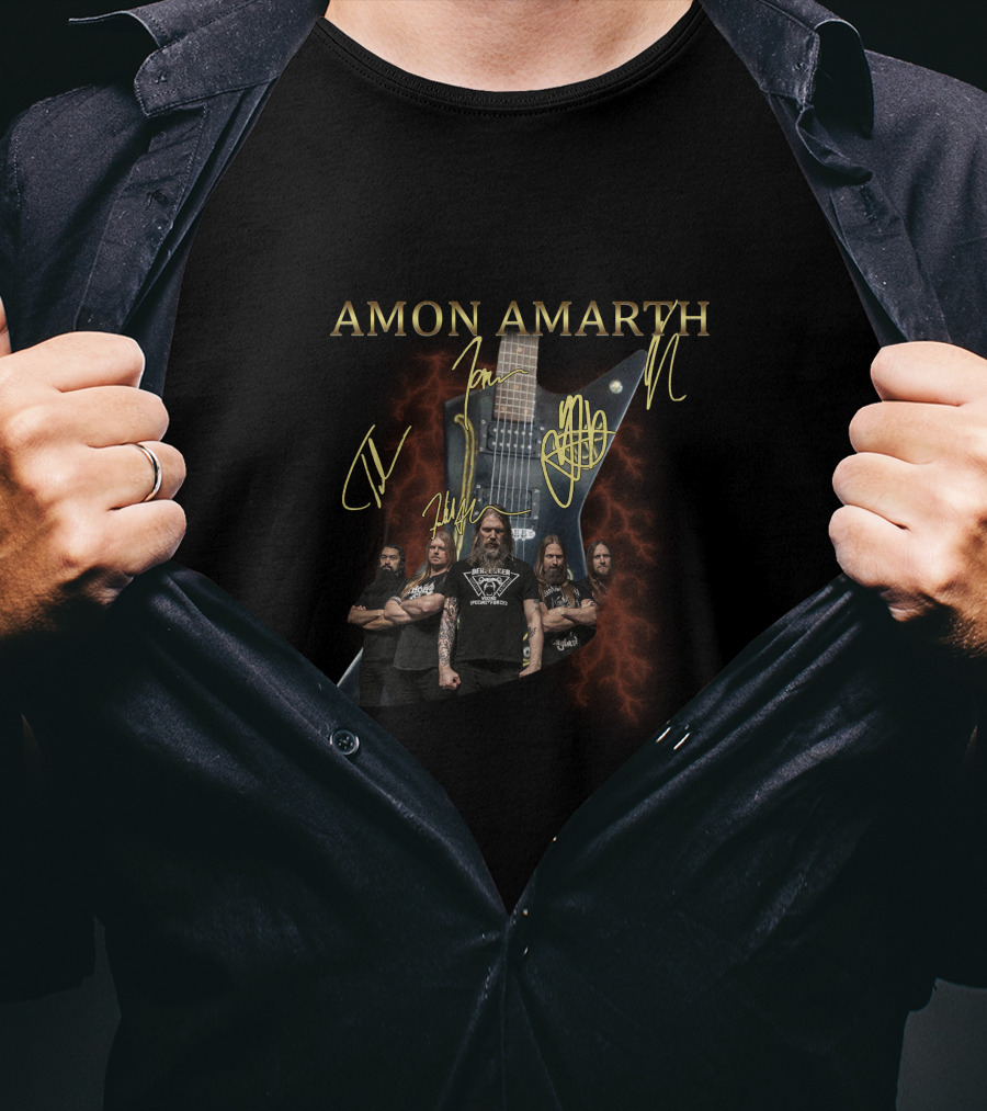 Amon Amarth Band Signatures With Guitar And Group Photo T-Shirt